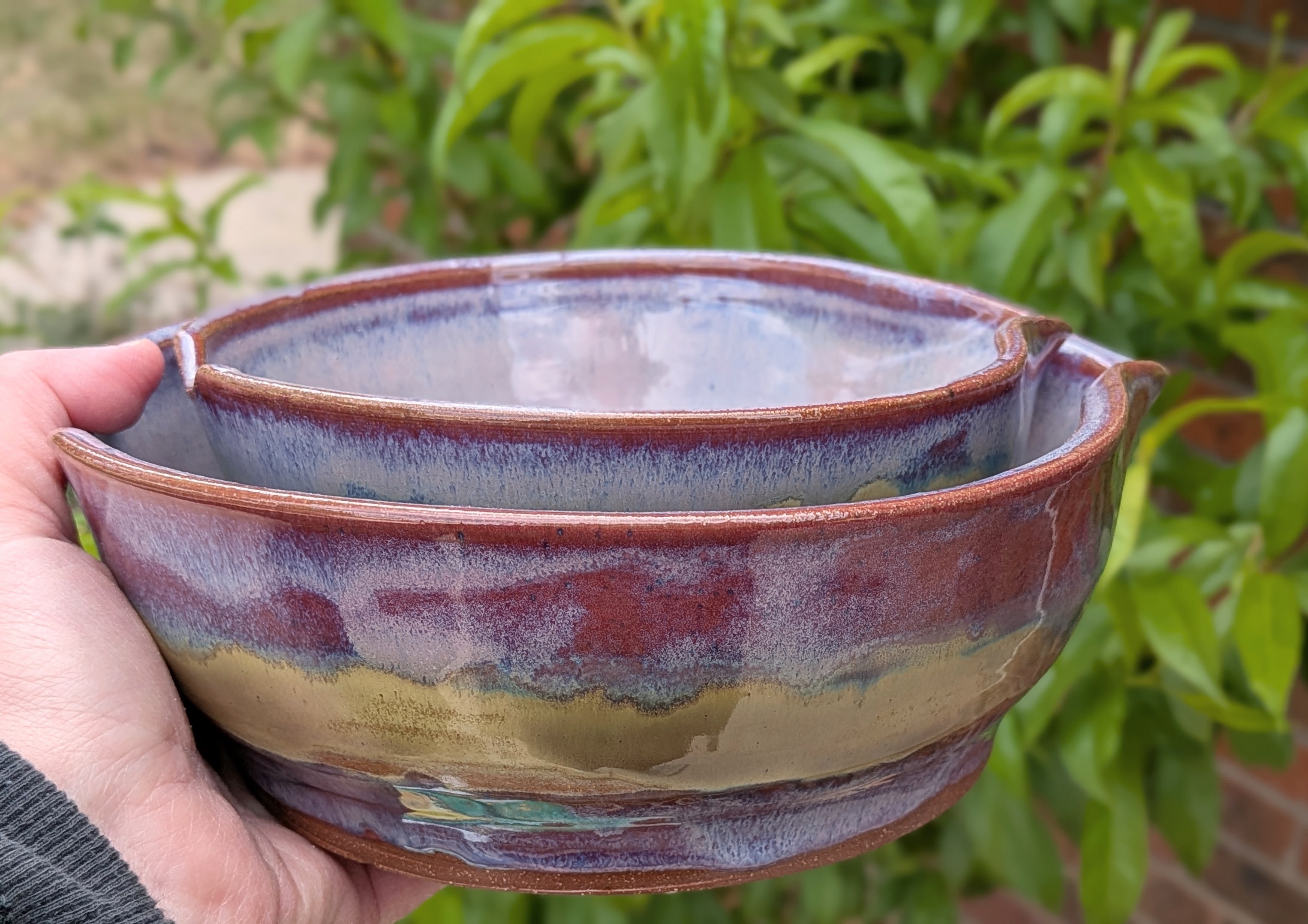 Purple & Seaweed Batter Bowls - Set of 2 - The thumb notch makes these batter bowls easy to hold, and these bowls stack nicely in your cupboard. Great for small batches of pancakes or muffins, and for separating wet and dry ingredients. One of my personal-favorite color combos!

Large bowl is 8" wide x 3" tall.
Small is just shy of 6" x 3".

Sold as a set of 2. - 65